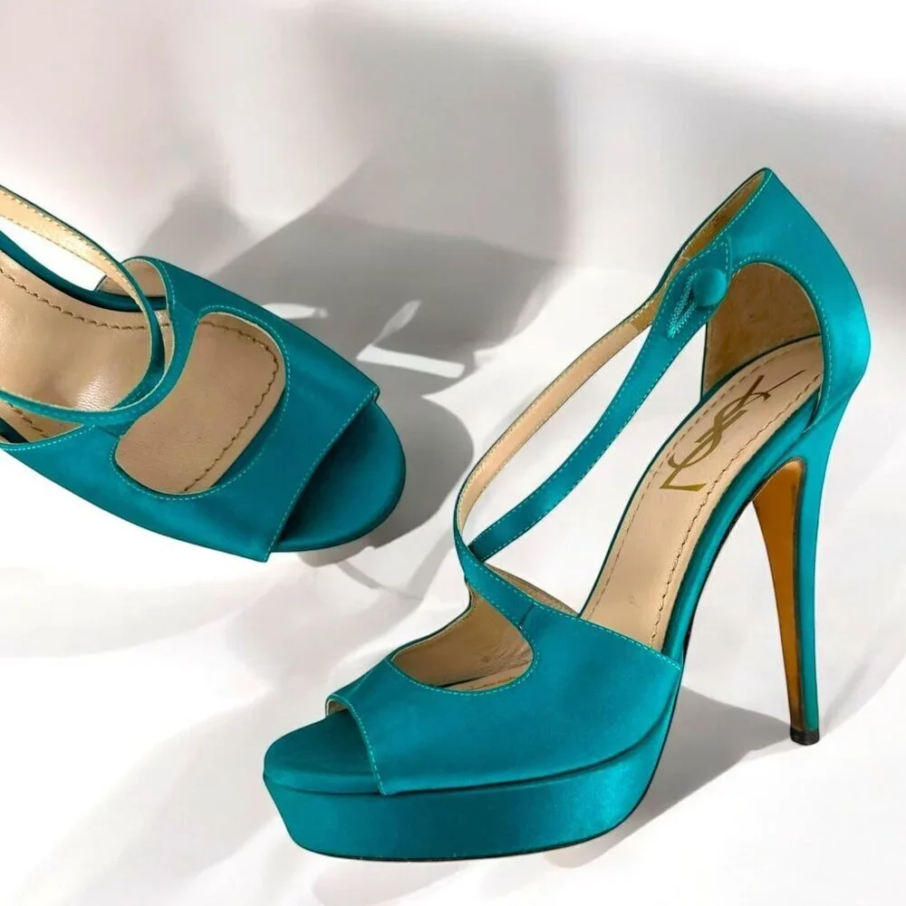 Saint Laurent Paris Turquoise Satin Tribute Cross Strap Platform Sandals Size 35 - Picture 2 of 11